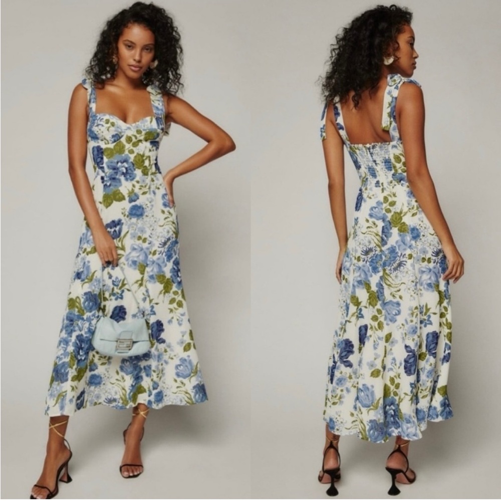 Reformation Nadira Blue and Green Floral Midi Dress